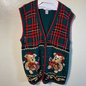 Tiara Women Vintage Christmas Sweater Vest Teddy Bears Plaid Size 18/20